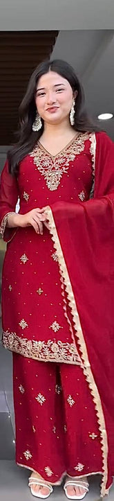 Admiring Embroidery Sequence Red Color Palazzo  suit